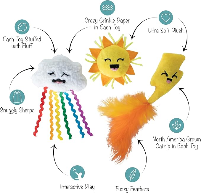 Fringe Studio Plush Cat Toy Set, Purr-FECT Weather, Mini 3 Piece Set, Pet Shop Collection (904032)