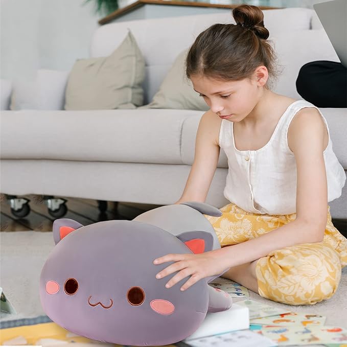 FUYU Cat Stuffed Animals, Soft Cat Plush Pillow Kawaii Kitten Stuffed Animal Toy Gifts for Kids Boys Girls Room Decor (Grey Round Eyes,35in/87)