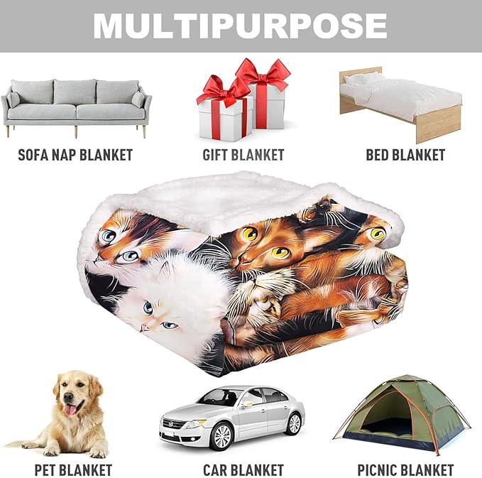 Cats Sherpa Blanket, Cute Kittens Fleece Throw Blankets for Couch Sofa Bed, Super Soft Warm and Lightweight, 60" x 80"