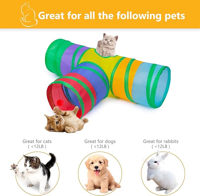 Cat Tunnel, Collapsible Tube with 1 Play Ball Kitty Toys, 3 Ways Cat Tunnels for Indoor Cats, Puppy, Kitty, Kitten, Rabbit (Rainbow)
