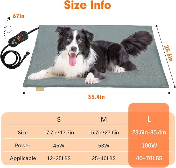 Vannon Large Pet Heating Pad, Heated Cat Dog Bed with Chew Resistant Cord, Outdoor Heated Mat for Dog House, Adjustable Indoor Warming Mat for Dogs, Waterproof & Overheat Protection, 35.4'' × 23.6''