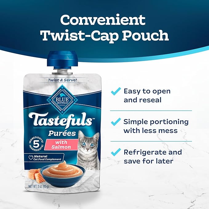Blue Buffalo Tastefuls Purées with Salmon, Natural Cat Food Complement, Resealable Twist Cap Pouches, 3-oz. (12 Count)