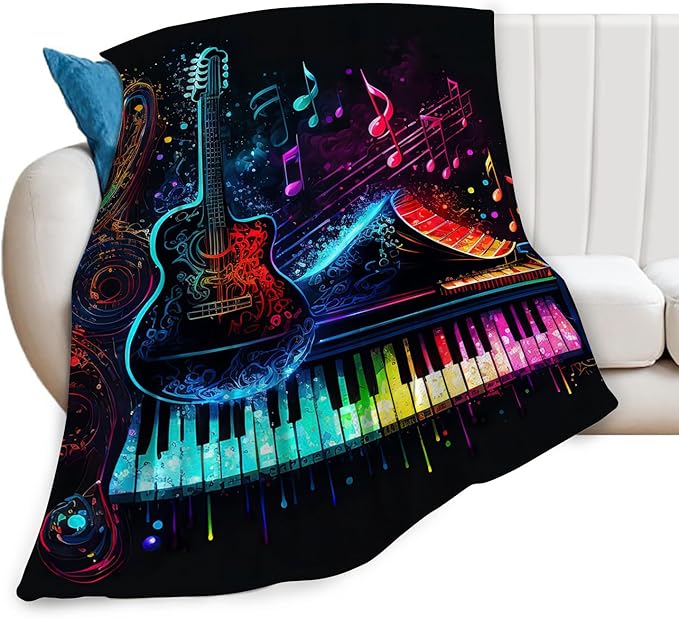 Colorful Guitar Blanket Ultra Soft Cozy Music Note Piano Throw Blanket Fleece Fuzzy Plush Bedding Rock Musical Instrument Gifts for Women Girls Kids Adults 60"x50"