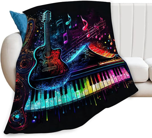 Colorful Guitar Blanket Ultra Soft Cozy Music Note Piano Throw Blanket Fleece Fuzzy Plush Bedding Rock Musical Instrument Gifts for Women Girls Kids Adults 60"x50"