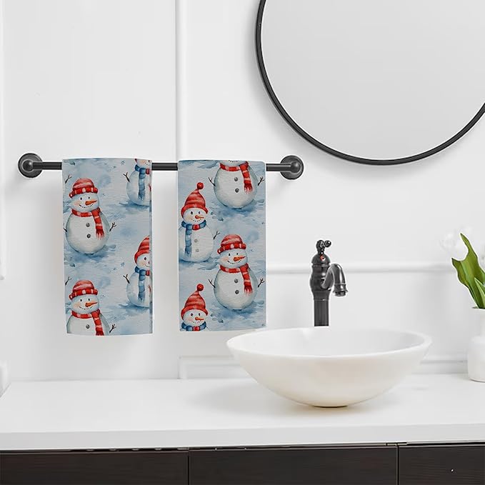 Christmas Snowman Bathroom Hand Towel Set of 2,Cute Winter Snowmans Soft Absorbent Decorative Fingertip Kitchen Towel for Bedroom Kitchen Hotel Home Deco