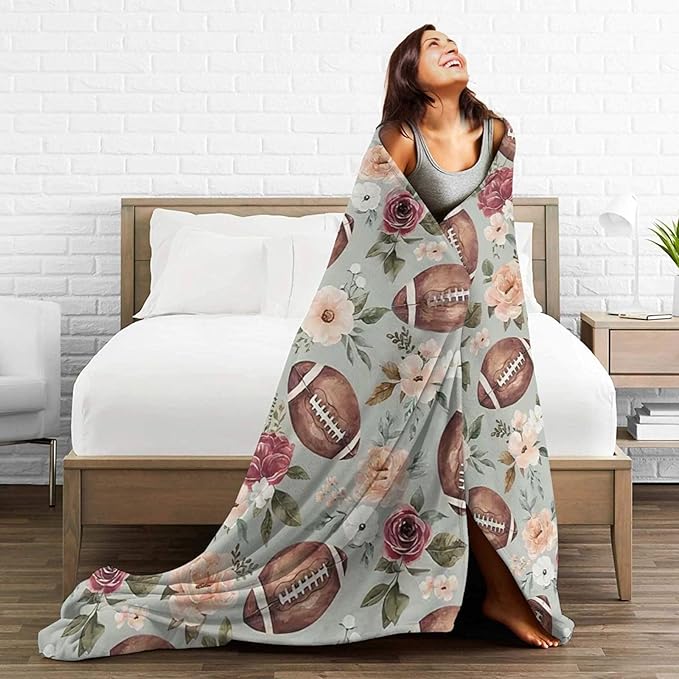 Football Blanket Football Flower Throw Blanket Football Decor Stuff Merch Cozy Print Flannel Fleece Soft Plush Fuzzy Warm Lightweight Bedding Gifts for Women Men Girls Kids Teenager 50"X40"
