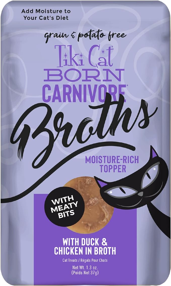 Tiki Cat Born Carnivore Broths, Duck & Chicken Recipe, Hydration and Flavor Supplement Cat Food Topper, 1.3 oz. Pouch (Pack of 12)