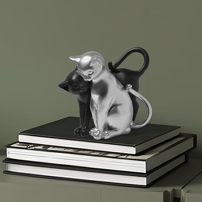 Black and Silver Cat Statue, Couple Sculpture Decor, Creative Art Multi-Color Cat Sculpture, Modern and Simple Home Living Room Decoration, Valentine's Day Gift for Women