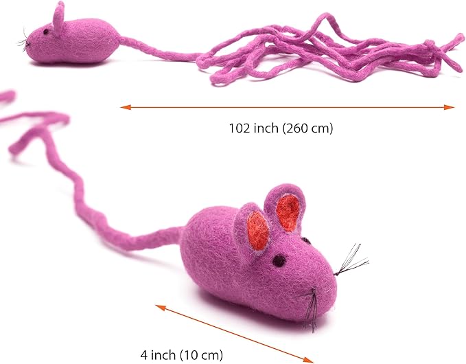 Glaciart One Felt Mouse Cat Toy – Soft Fuzzy Enrichment 100% Natural Wool Toy - Interactive Catnip Play Cat Toy Set - Safe for Pets, Non-AZO Colored Dyes - 100” Long