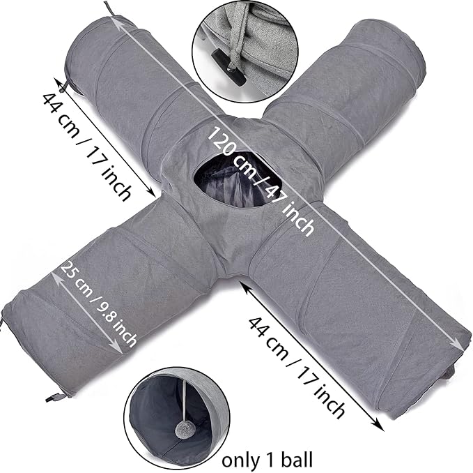 LeerKing 4 Way Large Cat Tunnel Rabbit Maze Tube System Non Crinkle Durable Suedette Dia 10" Collapsible Play Tunnel for Bunny, Guinea Pig, Ferret