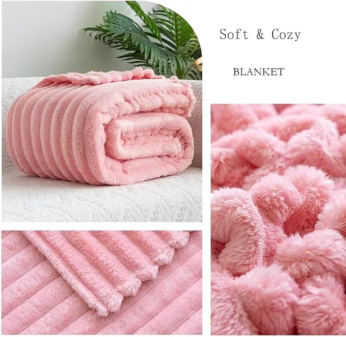 Pink Fleece Fuzzy Throw Blanket, 3D Fleece Ribbed Jacquard Blanket, Aesthetic Room Decor for Couch Sofa Bed, Gifts for Christmas, Birthdays