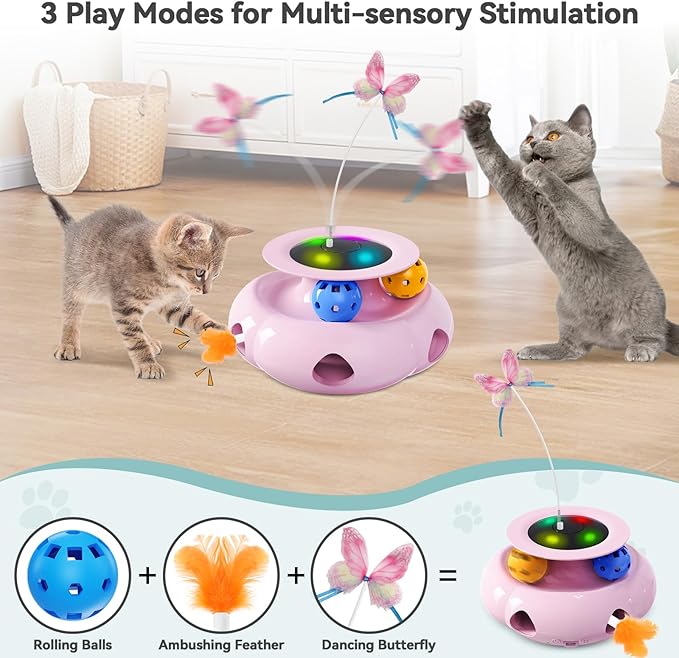 Cat Toys Interactive Rechargeable 3in1 Ambush Feather, Fluttering Butterfly, Track Balls, Touch Activated Automatic Kitten Toys for Indoor Cats
