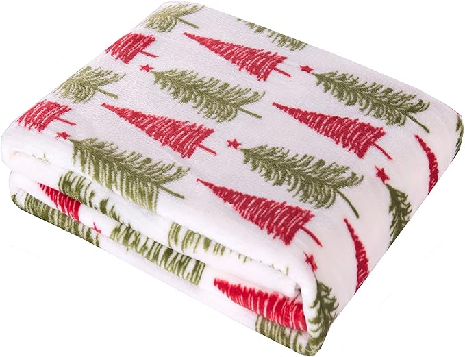 Elegant Comfort Luxury Velvet Super Soft Christmas Prints Fleece Blanket-Holiday Theme Home Décor Fuzzy Warm and Cozy Throws for Winter Bedding, Couch and Gift, 50 x 60 inch, Ivory Christmas Tree