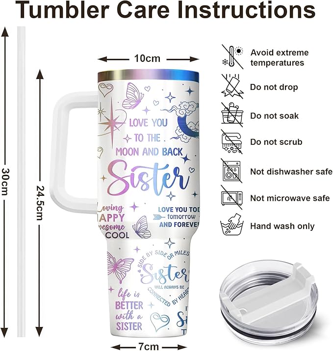 34HD 40oz Sister Tumbler with Handle and Straw, Vacuum Insulated Sis Coffee Mug, Soul Bestie Cup with Lid, Anniversary Birthday Gifts for Soul Sisters Women