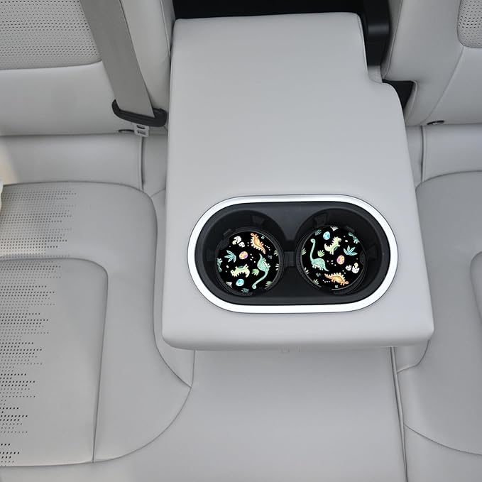 Car Coasters Pack of 2,Cute Dinosaur Graffiti Ceramic Cup Holders Car Coasters,Keep Cup Holders Clean and Dry,Drink Cup Car Holder Coasters with A Finger Notch