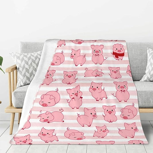 Kids Cute Pigs Print Blanket Throw 80"x60", Plush Flannel Pink Pig Blankets, Soft Warm Decorative for Kids Women Adults