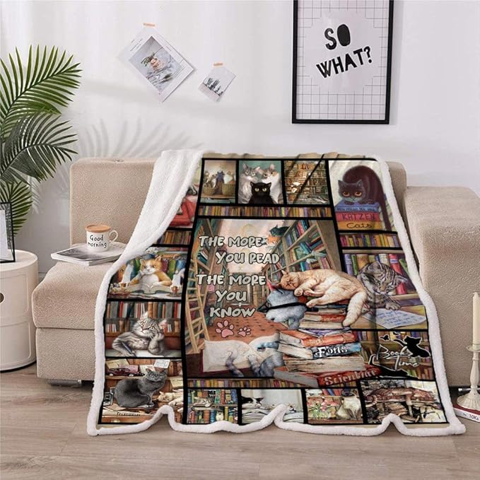 Book Lovers Gifts Throw Blanket,Cat Gifts for Cat Lovers Blanket,Cat Lover Gifts for Women,Gifts for Book Lovers, Soft Cat and Books Blanket for Sofa Couch Beds Decoration Christmas 50x60