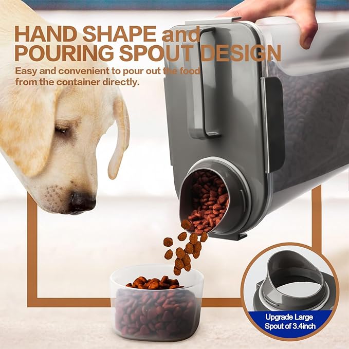 Dog Food Storage Container, 5-7 Lbs Airtight Pet Food Container, Cat Food Container Dispenser with Portable Handle, Pouring Spout and 4 Seal Buckles for Dogs Cats 2 Pack Grey