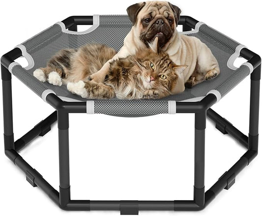 Tresbro Elevated Cat Hammock Bed, Hexagon Raised Cat Swing Bed for Indoor and Outdoor Use with Breathable Fabric & Anti-Slip Block, 23.6'' x 10.6'' x 12'' Pet Chair for Large to Small Kitty Cot