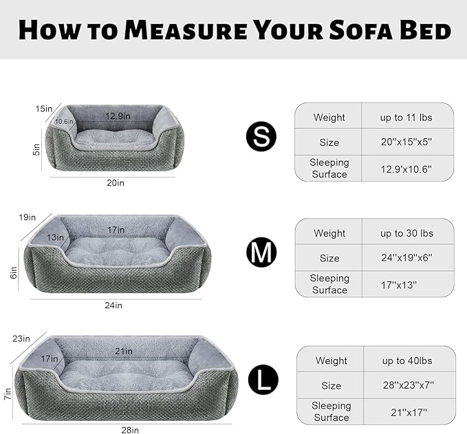 Dog Bed for Puppy & Cats Rectangle Washable Soft Orthopedic Pet Sofa Bed for Dog Cat Beds for Indoor Cats with Anti-Slip Bottom Dark Grey S