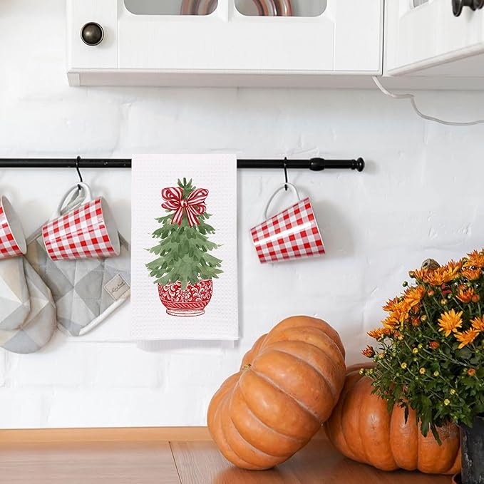 Chinoiserie Christmas Tree Kitchen Towels, Red Stripe Bow Decorative Hand Towels for Bathroom, Dish Towels for Kitchen and Bathroom Decor, 16x24 Inch