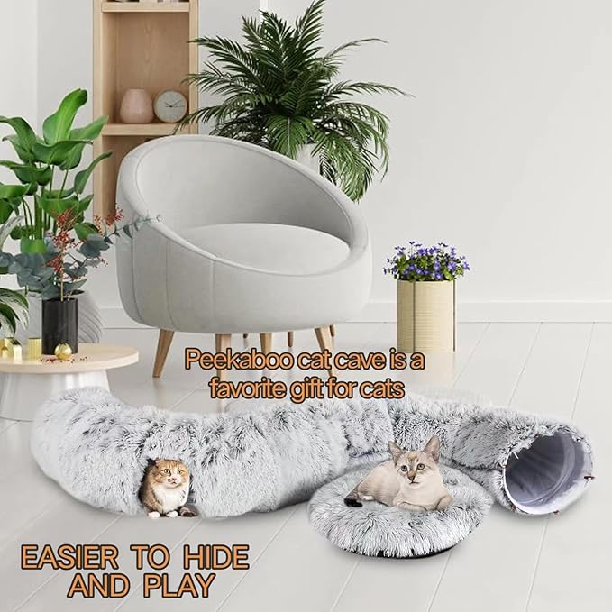 CLKHOWL Cat Tunnel Bed, Cat Tunnels Cat Toys for Indoor Cats, Cat Donut Tunnel, Multifunctional Cat Cave for Small Medium Large Cat, Puppy, Rabbit, Ferret. (Grey)