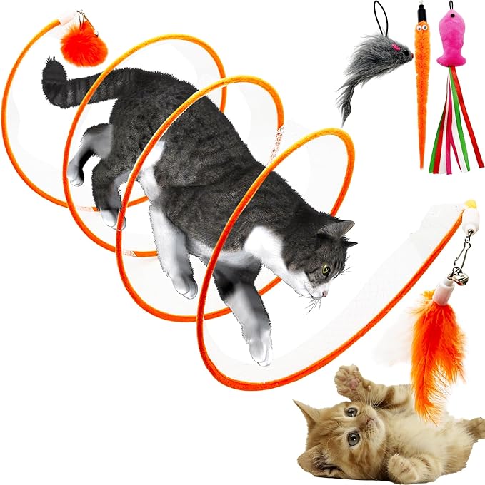 Spiral Tunnel Cat Toy, Self Play Cat Hunting Spiral Tunnel Toy Spiral Cat Toy, Folded Cat Tunnel Spring Toy for Indoor Cats (Orange)