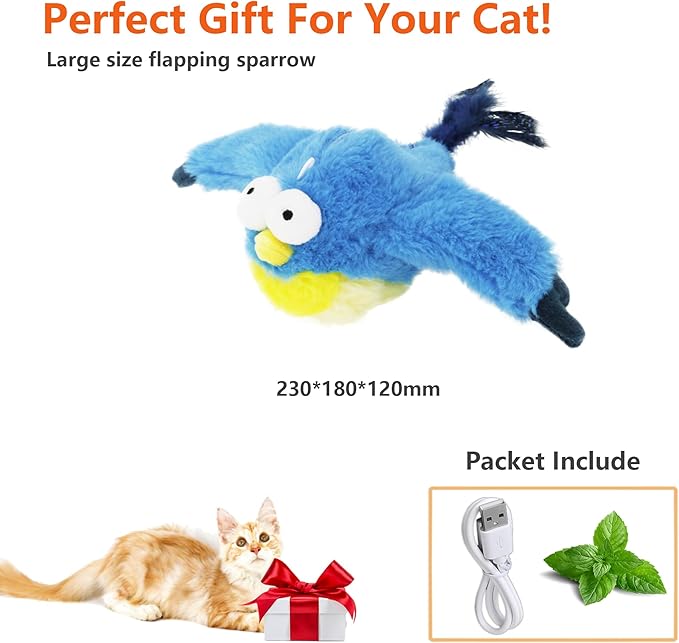 Flapping Bird Cat Toy, Rechargeable Lifelike Interactive Bird Cat Toys for Indoor Cats, Flapping Wings & Lively Chirping, Automatic Catnip Toys for Kitten Self Play Touch Activated (Sparrow)