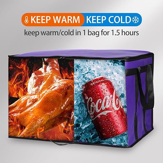 Bodaon 1-Pack Insulated Food Delivery Bag, XXX-Large Meal Grocery Tote Insulation Bag for Hot and cold Food,Commercial, Large Capacity Reusable Warming Bag, Purple