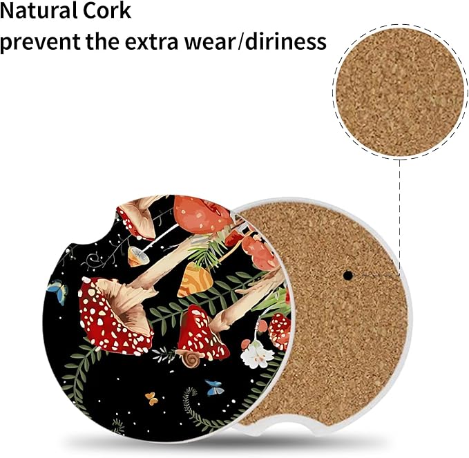 2 Pack Cute Mushroom Pattern Absorbent Car Coasters for Cup Holders,2.56" Ceramic Coasters with Cork Back and Finger Slot,Auto Accessories for Women & Men.