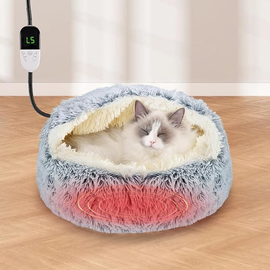 MEWTOGO 19.7in Heated Cat Bed with Hooded Cover - Warm & Soft Cat Cave Bed with Pet Heating Pad, 6 Levels Adjustable Temp & Timer, Washable for Small Pets Up to 16.5lb and Cat Gifts