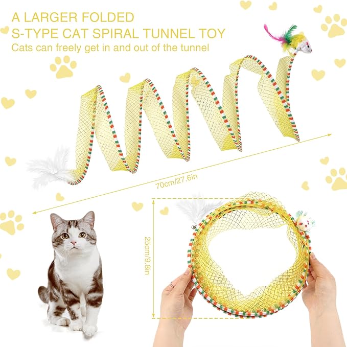 S Type Self-Play Folded Coil Cat Spiral Tunnel Toy for Indoor Large Cats Play Exercise with 2 PCS Flea Lice Combs, Decompression Interactive Cat Springs Toys (Yellow)