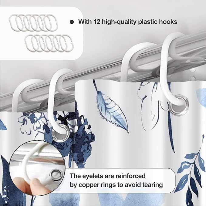 AWERT Blue Floral Shower Curtain for Bathroom Watercolor Ink Flowers Shower Curtain with Hooks Waterproof Fabric Bathroom Decor 60x72inch