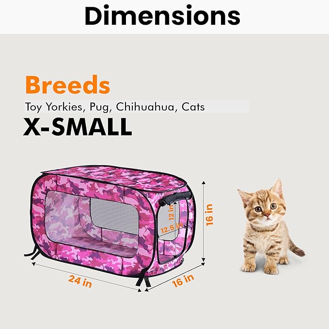 Beatrice Home Fashions Portable, Collapsible, Pop Up Kennel Travel Cat and Dog Crate, 24" L x 16.6" W x 16" H, Camo Pink