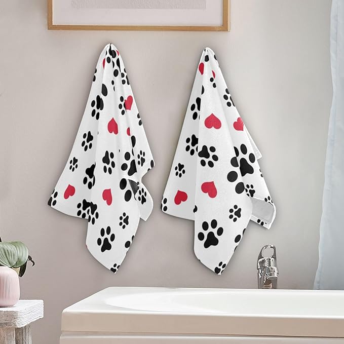 2 Pack Black White Hand Towels for Bathroom,Soft Absorbent Funny Animal Dog Cat Pet Paw Footprint Red Love Heart Kitchen Towels,Decorative Guest Bathroom Towels for Face,Shower,Gym 14"x28"