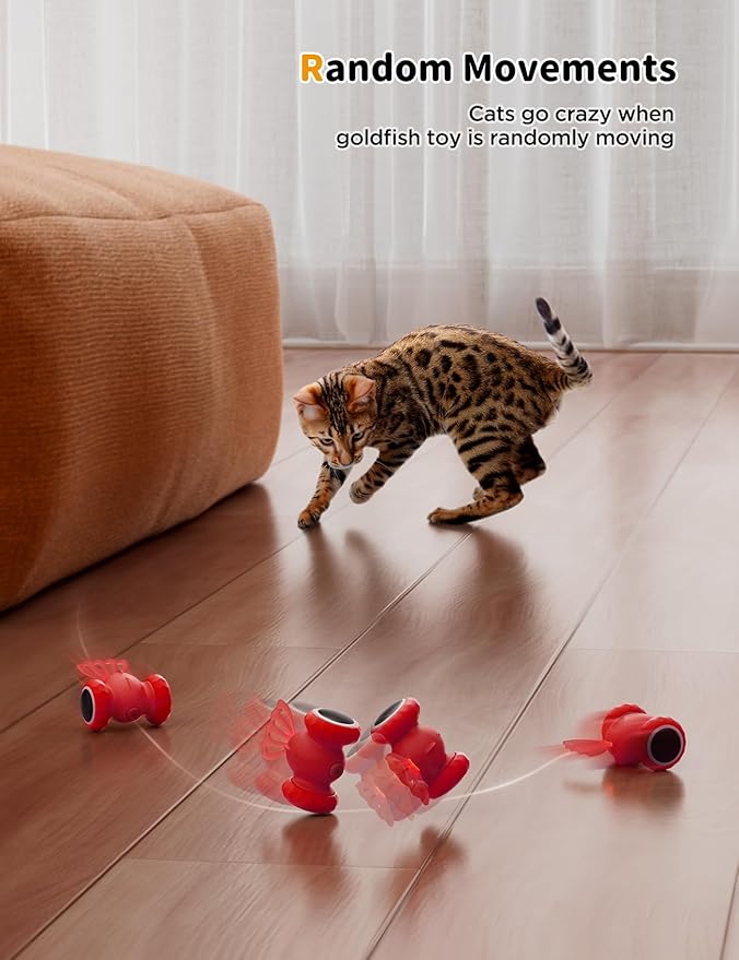 Interactive Cat Toys, Goldfish Automatic Cat Toy Interactive with LED Light for Indoor All Breed Cat, Self Moving Electric Cat Toy USB-C Rechargeable (Red)