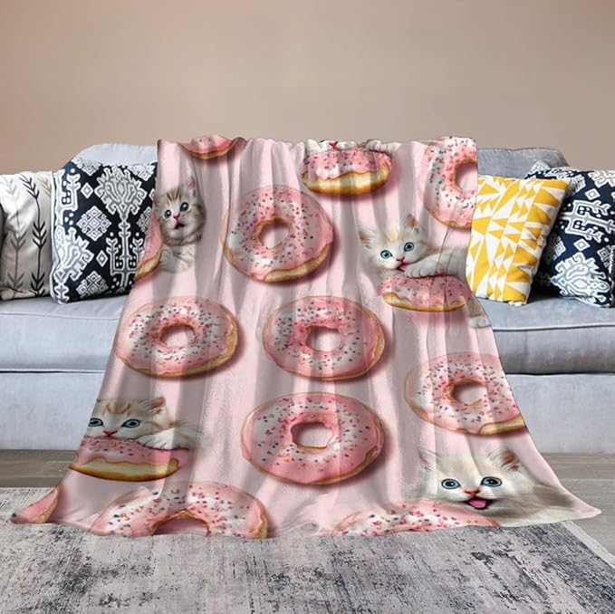 Donut Cat Blanket Donut Gifts for Girls Boys Woman Kids Donut Cat Lover Throw Blankets Soft Blanket Warm Fleece Flannel Plush Blankets for Bed Sofa Couch 60"x80"