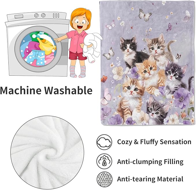 Adorable Kitten Blanket Cute Cat and Butterfly on Lavender Throw Blankets Gifts for Girls Women Adults Lightweight Soft Fleece Cozy for Sofa Couch Bed Room Travel Birthday Decor 50x60in