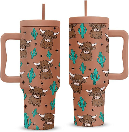 Highland Cow Tumbler, Cow Yak Bull Cup Gifts For Men, Cute Yak Cuctus Tumbler With Handle 40 Oz, Birthday Gifts For Cowboy Animal Enthusiasts, Cuctus Khaki Insulated Tumblers Cup