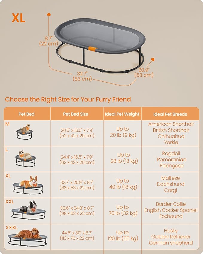 Feandrea Pet Bed, Cat Hammock, Elevated Cat Bed for Multiple Cats, with Removable Washable Mesh, for Pets up to 40 lb, Oval, Gray UPCB003G01