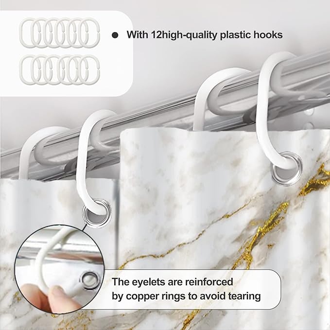 AWERT Abstract Minimalism White and Gold Ink Art Marble Shower Curtain for Bathroom Modern High Definition Printing Waterproof Shower Curtain with Hooks Bathroom Decor 72x72inch