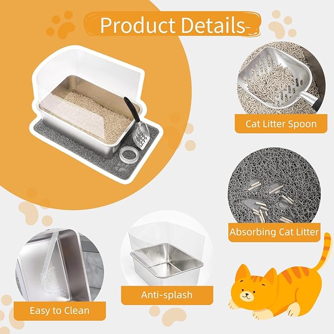 2 Sets Stainless Steel Litter Boxes, Metal Cat Litter Box Pan with High Wall Sides Non-Sticky Kitty Litter Box for Odor Control with Litter Scoop Easy Cleaning 19.7"x13.8"x5.9"