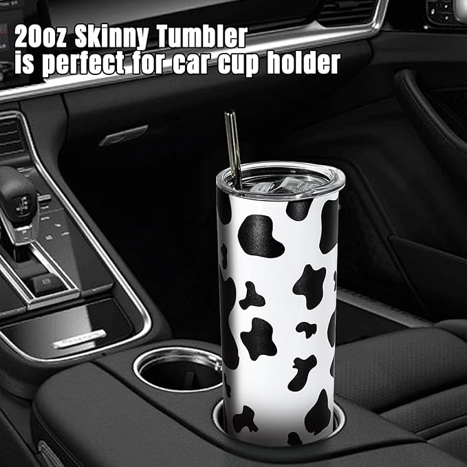 AGH Cow Print Skinny Tumbler with Lid and Straw,20 OZ Straight Stainless Steel Insulated Skinny Cups, Vacuum Double Wall Travel Coffee Mug
