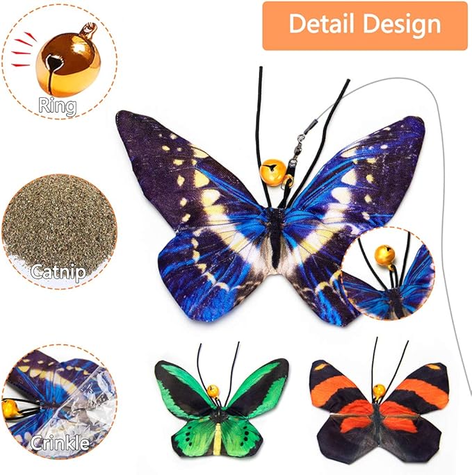 Butterfly Cat Wand Cat Toys Set, Realistic Crinkle Catnip Butterflies Kitten Toys with Retractable Interactive Cat Wand 11 PCS Cat Toys for Indoor Cats