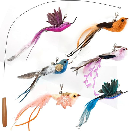 Interactive Cat Toys for Indoor Cats - 35'' Steel Wire and 6PCS Cat Feather Bird Toys Refills,Cat Teaser Toy,Cat Wand Toy ,Feathers & Bells, Realistic Bird Impression (7 PCS Cat Wand Toy Birds)
