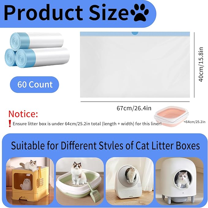60 Count Small Cat Litter Box Liners, Heavy Duty Cat Litter Bags, Extra Thick Litter Pan Liners with Drawstring for Pet Cat Litter Tray (Blue, 26.4" x 15.8")