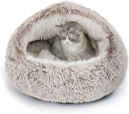 CATISM Cat Bed, Plush Hooded Cat Beds for Indoor Cats, Calming Cat Nest, Self Warming Cat Bed Cave, Cozy Cat Pod for Indoor Cat or Small Dog, Removable Washable Cat Cove with Non-Slip Bottom