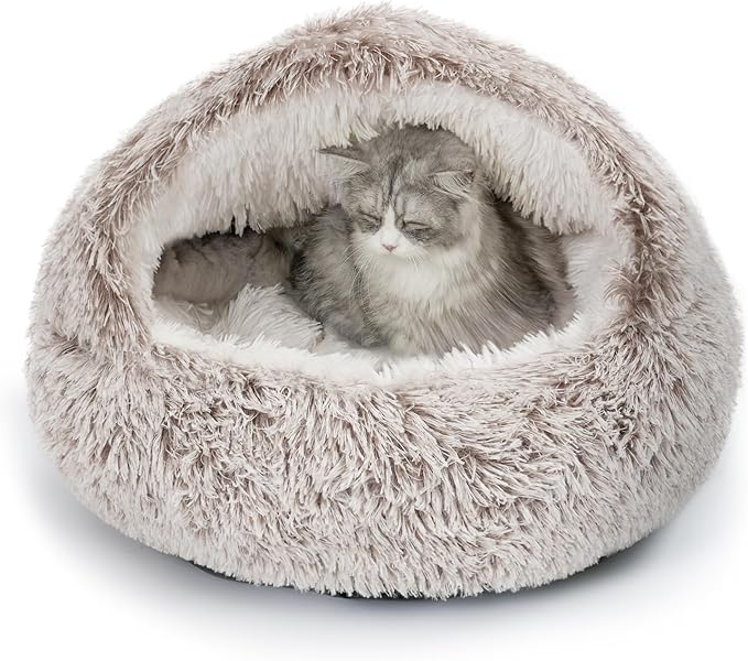CATISM Cat Bed, Plush Hooded Cat Beds for Indoor Cats, Calming Cat Nest, Self Warming Cat Bed Cave, Cozy Cat Pod for Indoor Cat or Small Dog, Removable Washable Cat Cove with Non-Slip Bottom