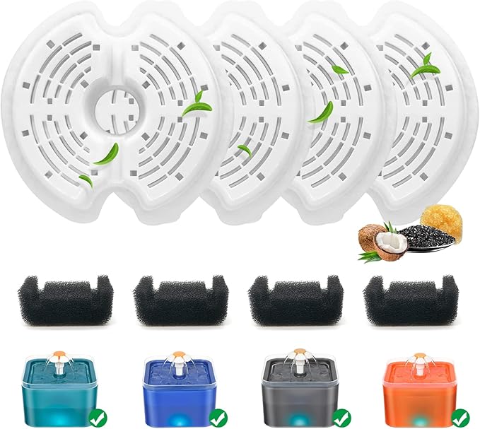 4 Pack-Cat-Water-Fountain-Filters with 4 Sponges, Pet-Replacement Filters for 67oz/2L Pet Drinking Fountain Dog Water Dispenser
