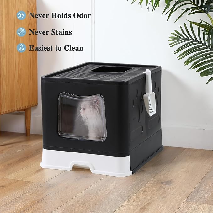 Bolux Foldable Cat Litter Box with Lid, Extra Large Litter Box with Cat Litter Scoop, Drawer Type Cat Litter Pan Easy to Scoop & Low Tracking (Black XL)